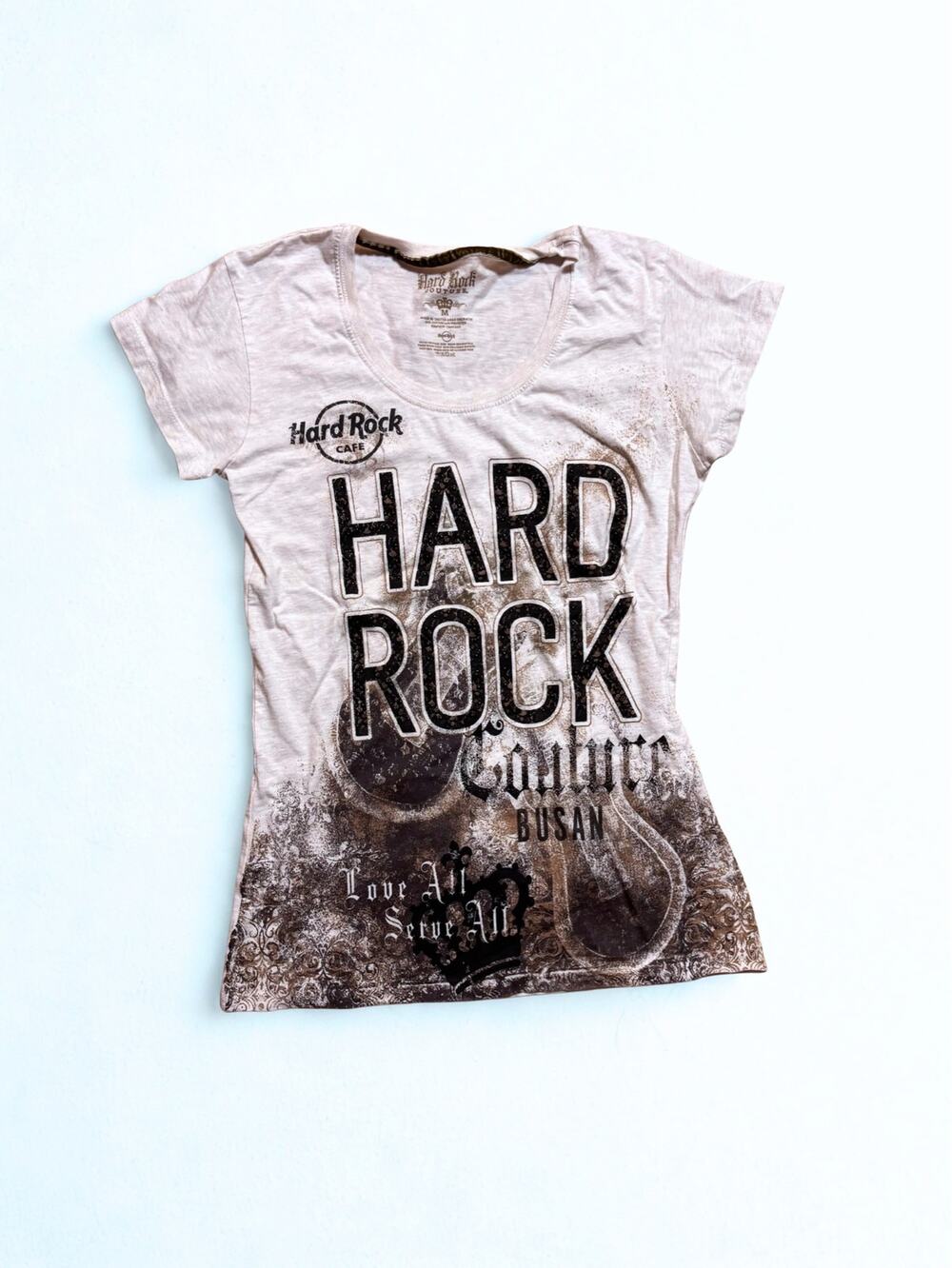Hard Rock Cafe Busan Location Fitted Beige Black Burnout Grunge Tee Size M